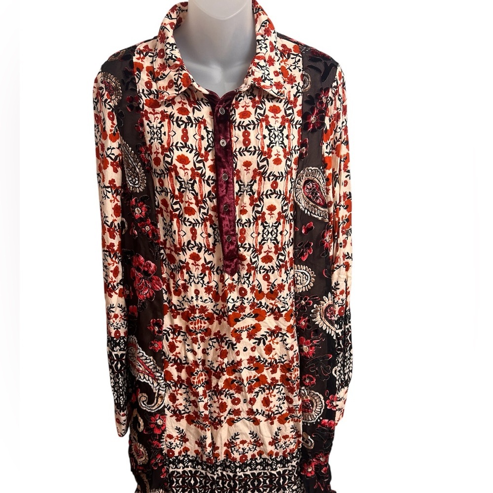 Oddy Orange Floral Burgundy Velvet Burnout Tunic Large Vibrant Viscose Royal